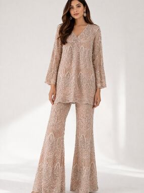 Devika Bhayana Blush Pink Embellished Net Set - A-Line Tunic & Flared Pants